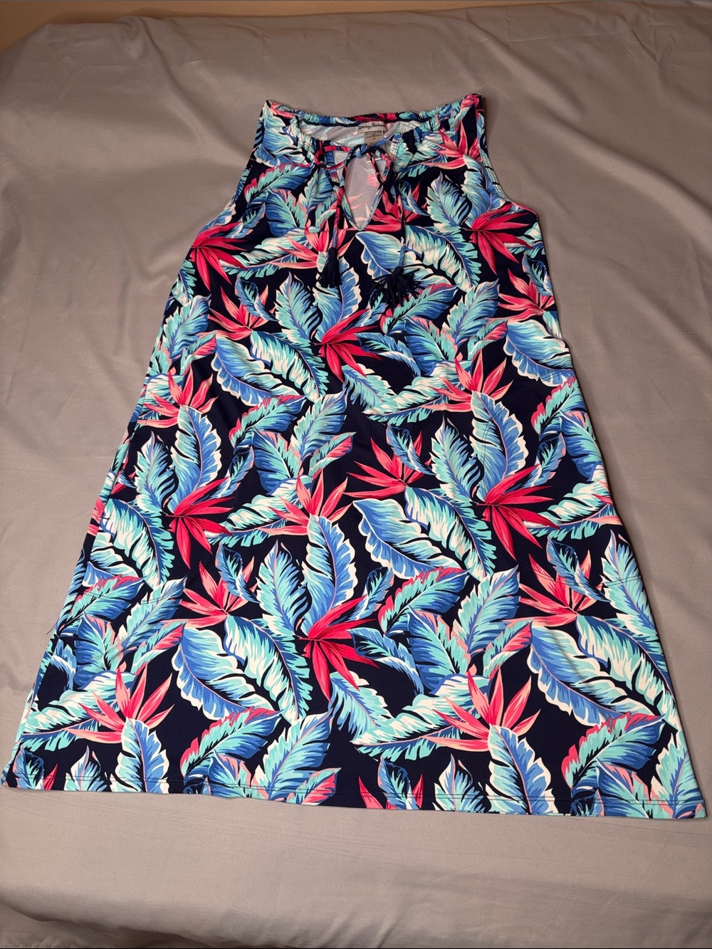 Tommy Bahama Navy Halter Tank Top with Blue and Pink Leaf Print